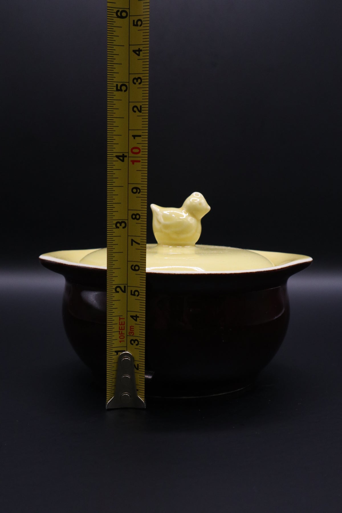 VINTAGE HALL POTTERY MINI CASSEROLE DISH CHICK FINIAL HANDLE