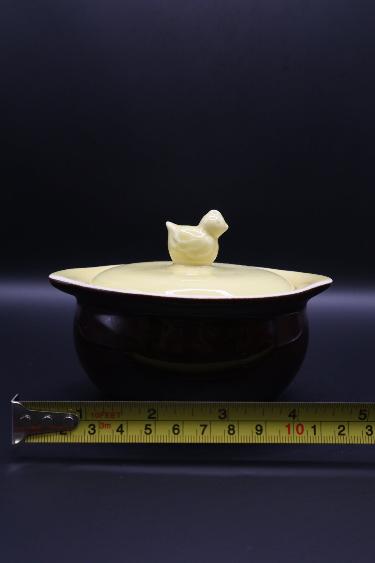 VINTAGE HALL POTTERY MINI CASSEROLE DISH CHICK FINIAL HANDLE