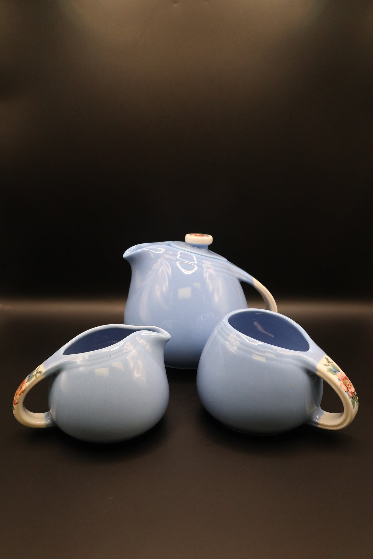 VINTAGE HALL CHINA CO. "ROSE PARADE" CADET BLUE TEAPOT WITH CREAMER AND SUGAR SET
