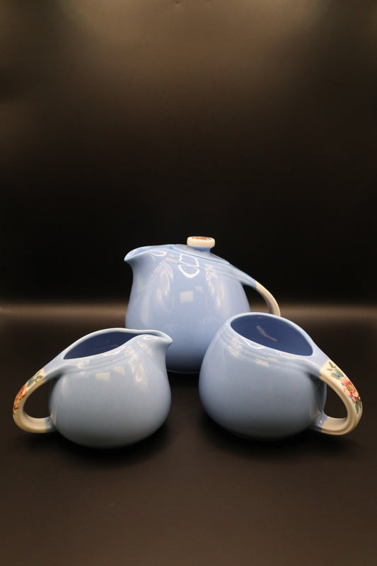 VINTAGE HALL CHINA CO. "ROSE PARADE" CADET BLUE TEAPOT WITH CREAMER AND SUGAR SET