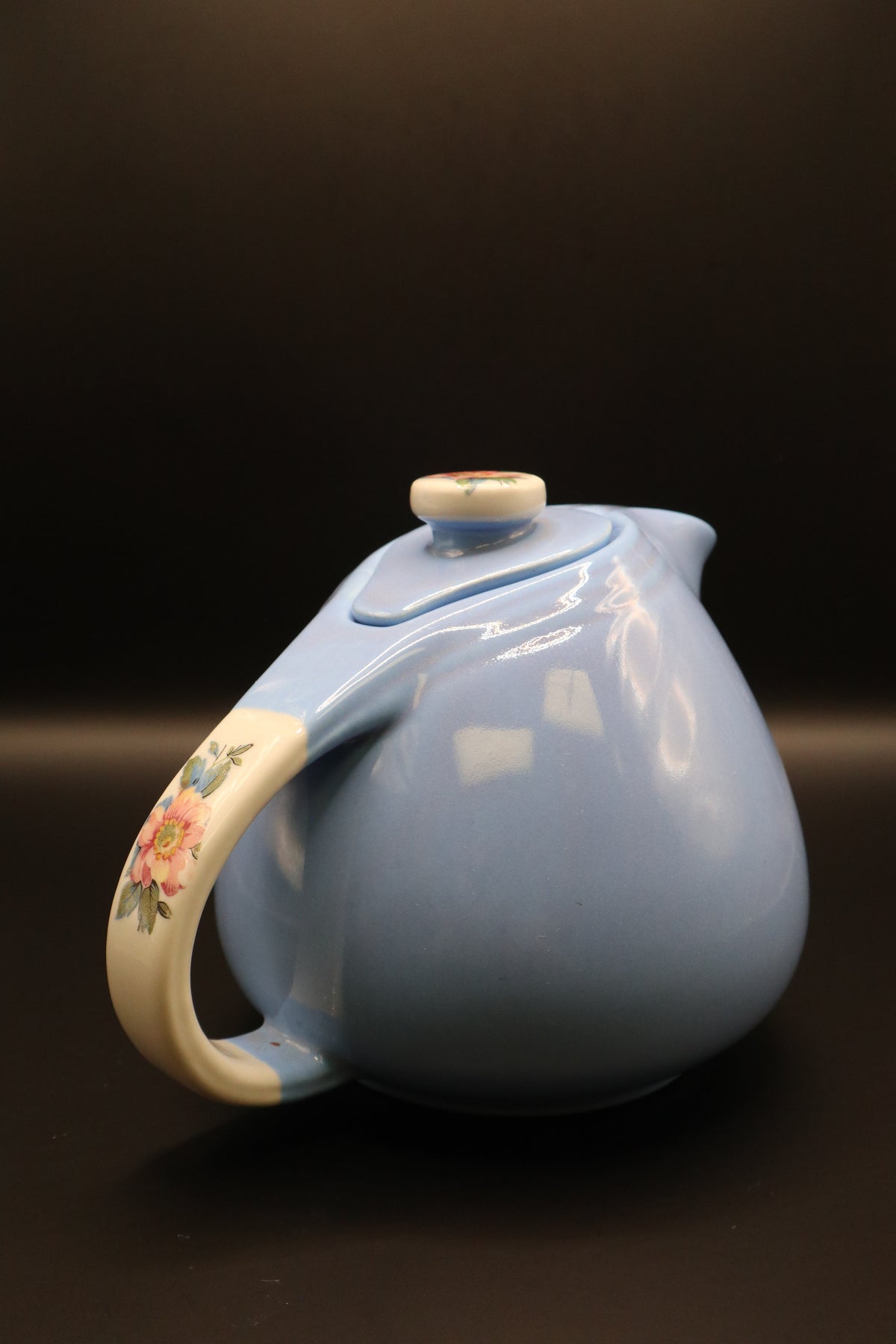 VINTAGE HALL CHINA CO. "ROSE PARADE" CADET BLUE TEAPOT WITH CREAMER AND SUGAR SET