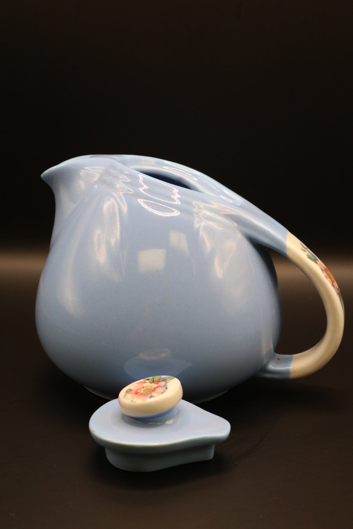 VINTAGE HALL CHINA CO. "ROSE PARADE" CADET BLUE TEAPOT WITH CREAMER AND SUGAR SET