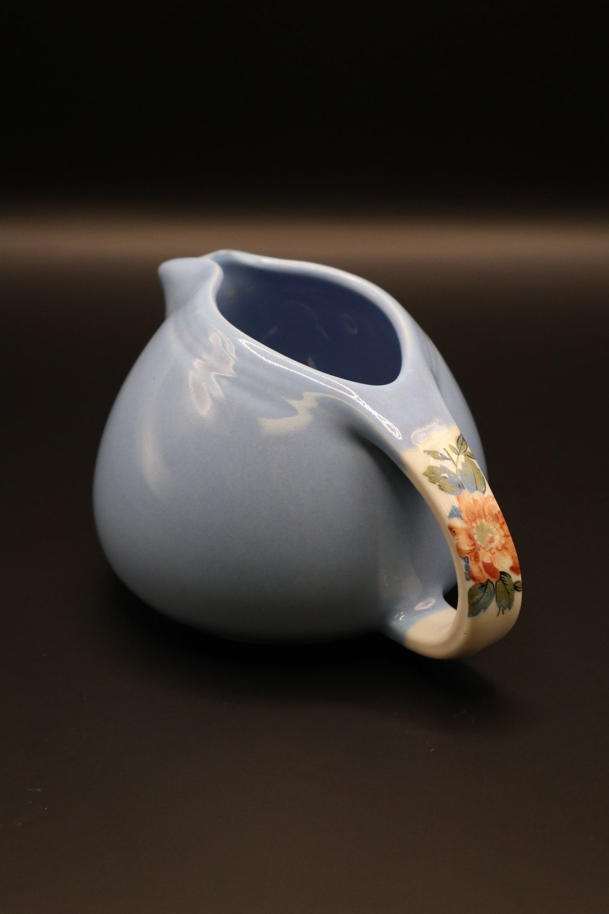 VINTAGE HALL CHINA CO. "ROSE PARADE" CADET BLUE TEAPOT WITH CREAMER AND SUGAR SET