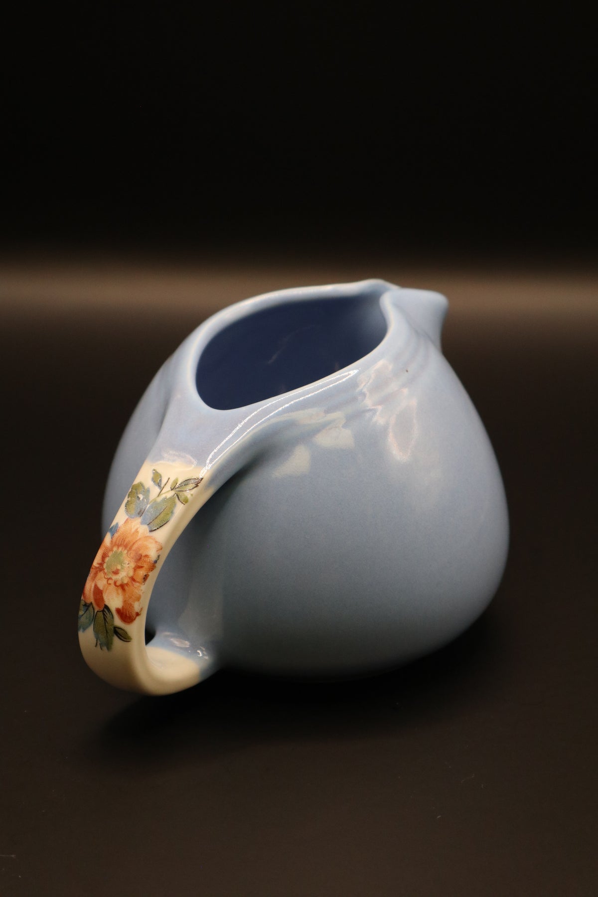 VINTAGE HALL CHINA CO. "ROSE PARADE" CADET BLUE TEAPOT WITH CREAMER AND SUGAR SET