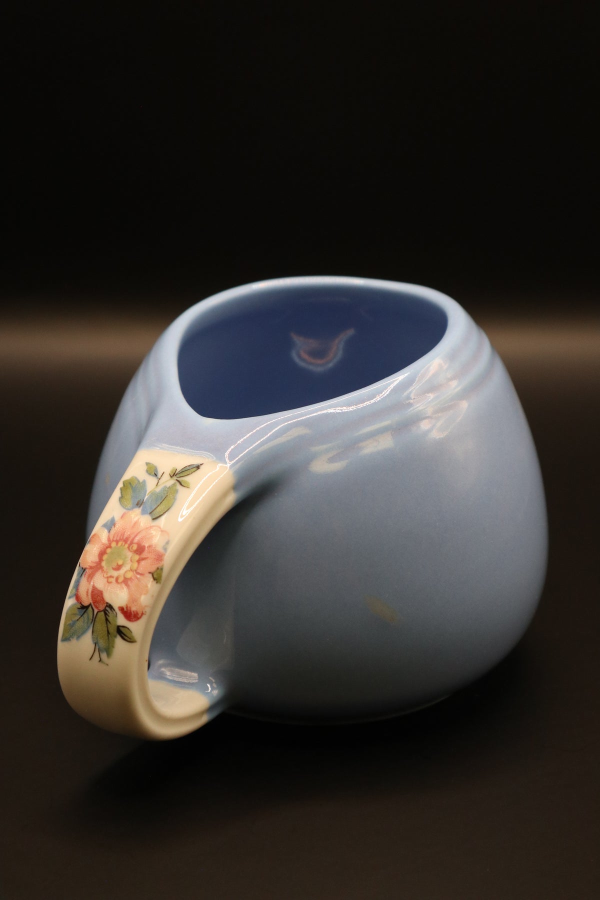 VINTAGE HALL CHINA CO. "ROSE PARADE" CADET BLUE TEAPOT WITH CREAMER AND SUGAR SET