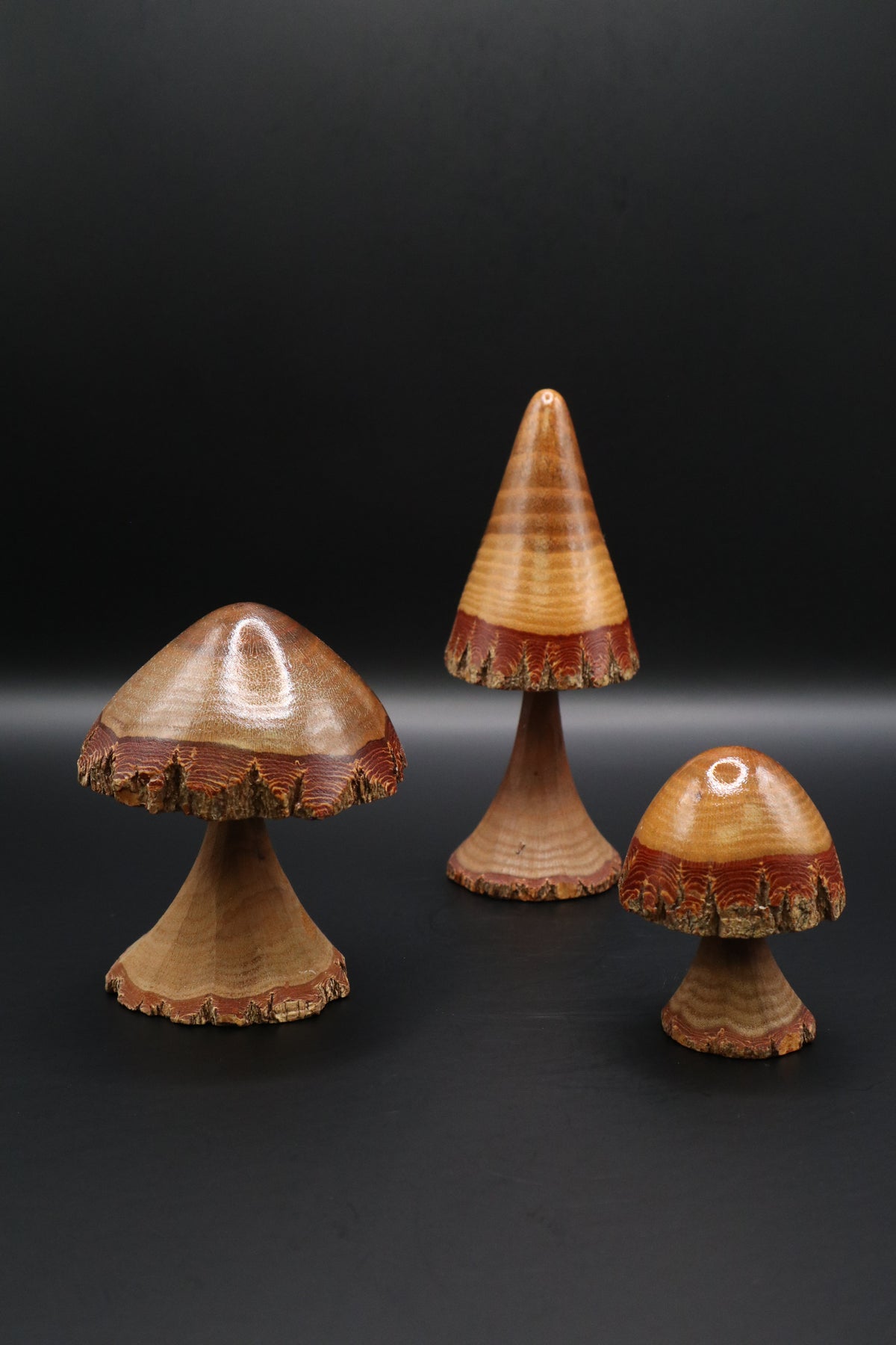 VINTAGE HAND-MADE WOOD CARVED MUSHROOMS (SET OF 3)