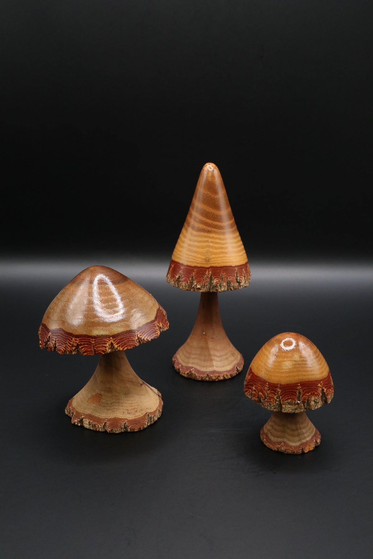 VINTAGE HAND-MADE WOOD CARVED MUSHROOMS (SET OF 3)