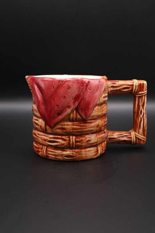 VINTAGE GLAZED CERAMIC BASKET WEAVE RED BANDANA CREAMER