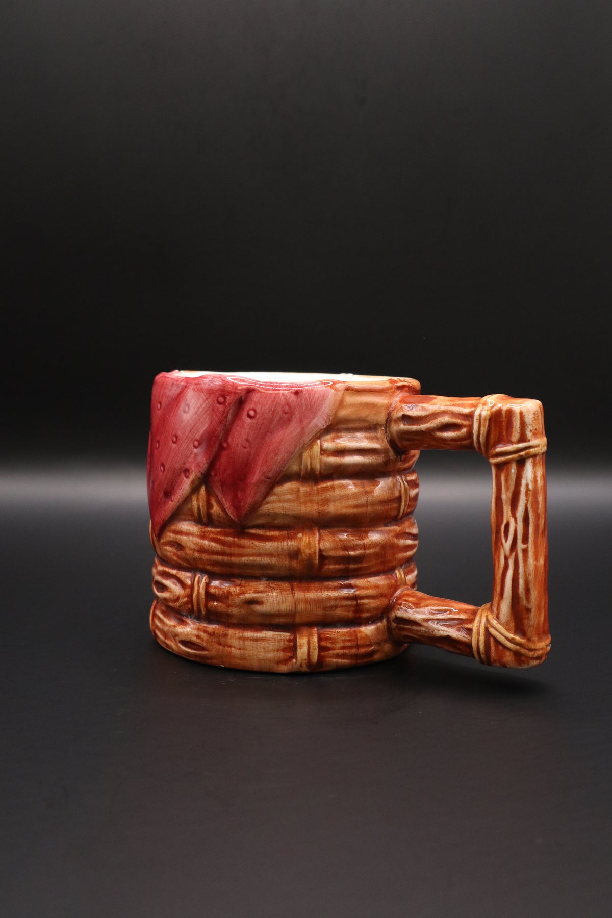 VINTAGE GLAZED CERAMIC BASKET WEAVE RED BANDANA CREAMER