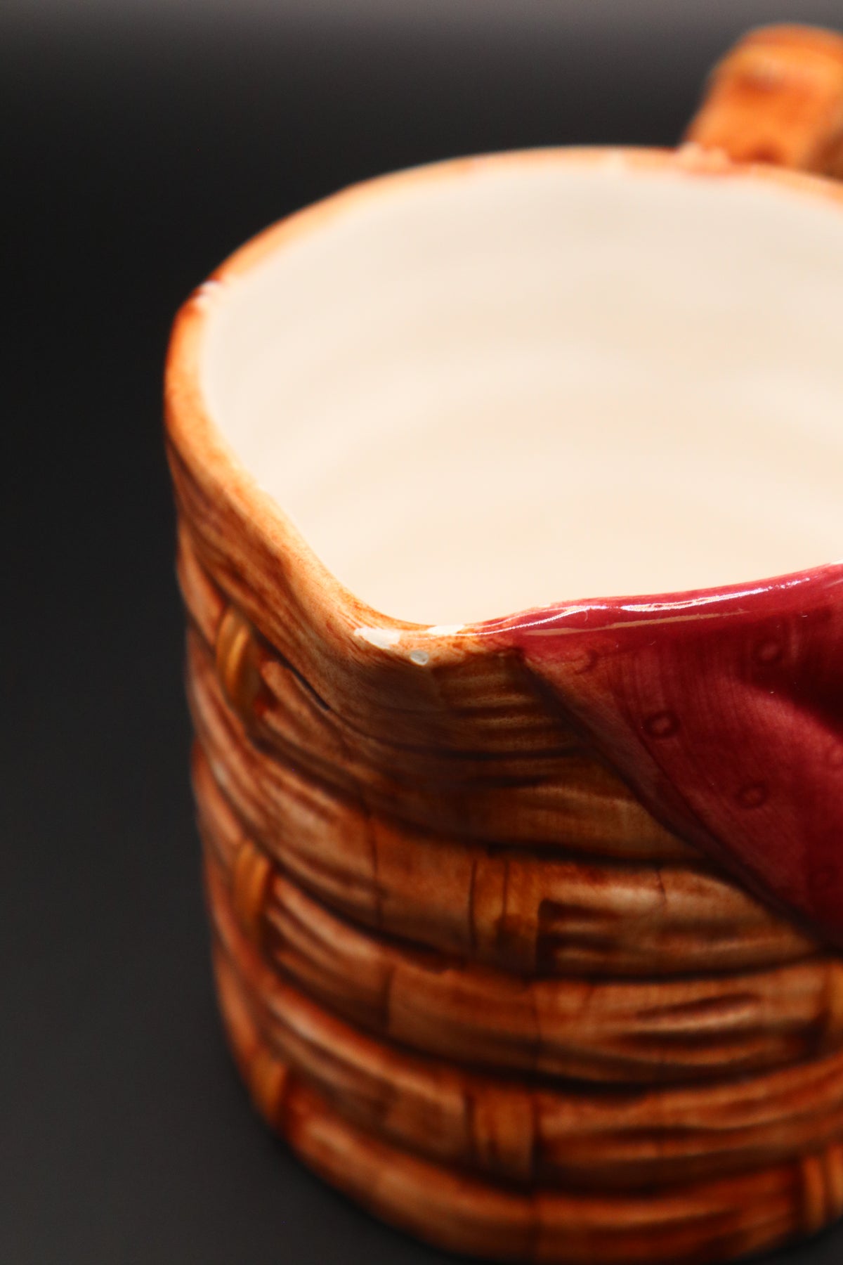 VINTAGE GLAZED CERAMIC BASKET WEAVE RED BANDANA CREAMER