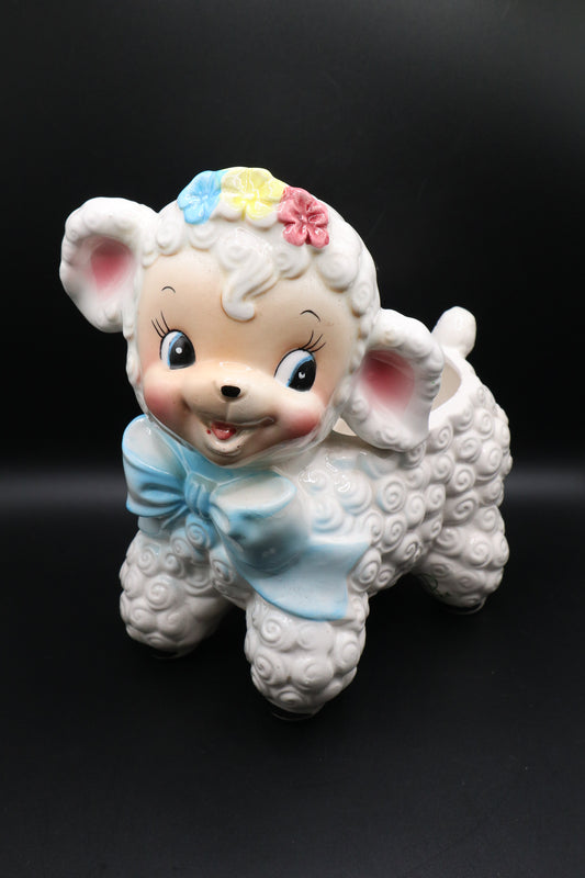 VINTAGE RUBENS CERAMIC LAMB PLANTER BLUE RIBBON